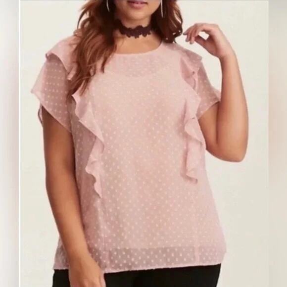 Torrid Blush Pink Swiss Dot Sheer Chiffon Ruffle Short Sleeve Blouse - Picture 1 of 13
